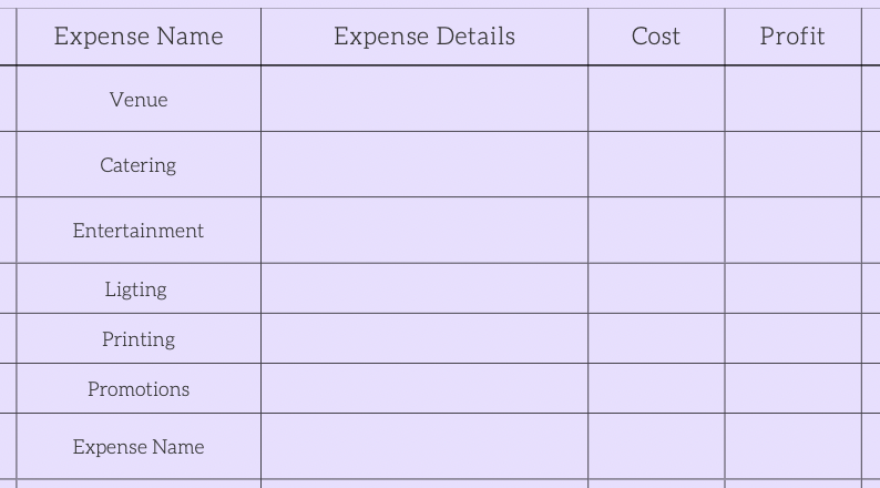 event planning template cost table